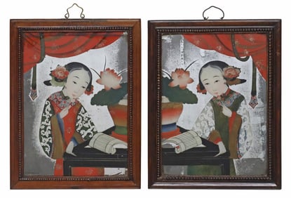 (2) CHINESE REVERSE-PAINTED MIRRORS COURTLY LADIES