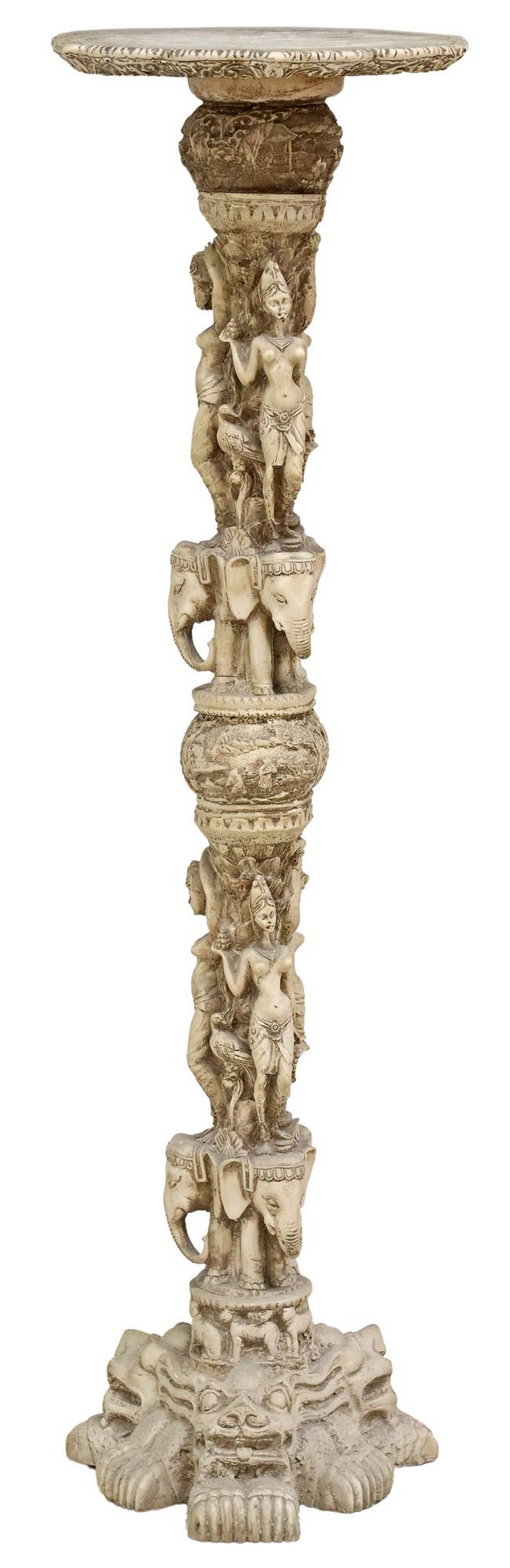SOUTHEAST ASIAN CAST COMPOSITE FIGURAL PEDESTAL/ PLANT STAND: Southeast Asian cast composite pedestal/ plant stand, possibly resin, having lotus-form top with two Chinese characters and dragon encircling landscape scene, raised on columnar standard comprised of 