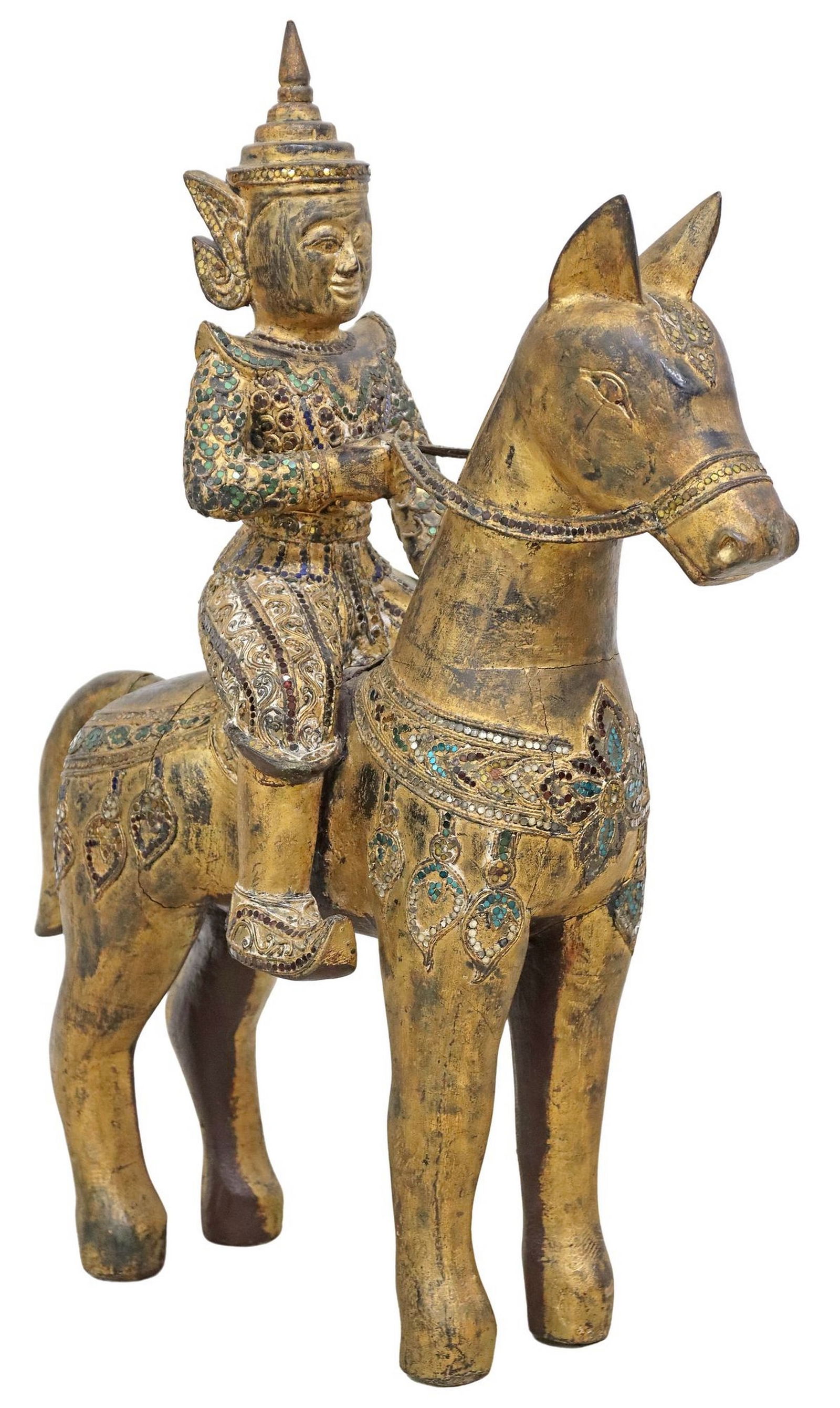LARGE SOUTHEAST ASIAN GILTWOOD FIGURE OF A HORSE & MOUNTED RIDER (1 of 6)