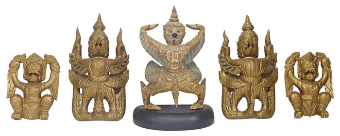 (5) SOUTHEAST ASIAN CARVED & GILT PAINTED WOOD GARUDA FIGURES