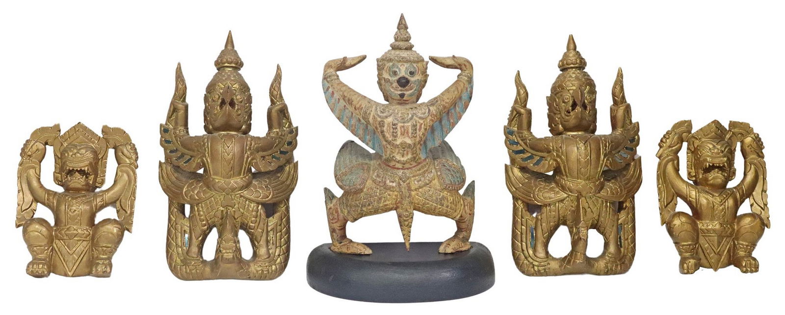 (5) SOUTHEAST ASIAN CARVED & GILT PAINTED WOOD GARUDA FIGURES (1 of 2)