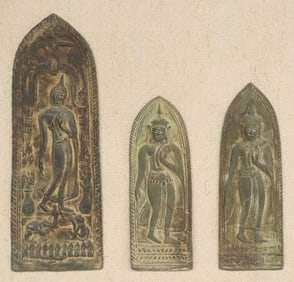 FRAMED SOUTHEAST ASIAN PATINATED METAL VOTIVE BUDDHA RELIEF PLAQUES