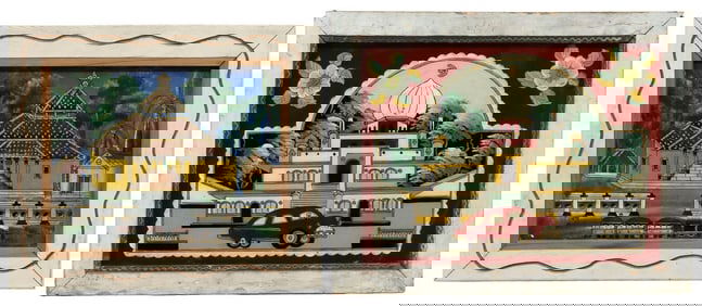 (2) FRAMED SOUTHEAST ASIAN REVERSE-PAINTED GLASS PANELS OF MOSQUES