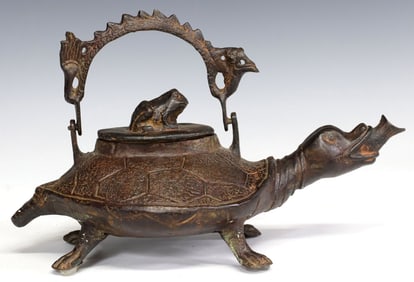 SOUTHEAST ASIAN PATINATED BRONZE TURTLE-FORM TEAPOT