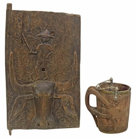 (2) SOUTH ASIAN CARVED HARDWOOD ARCHITECTURAL DOOR & JUG