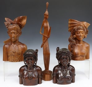 (5) INDONESIAN BALI CARVED HARDWOOD BUSTS & FIGURAL SCULPTURE