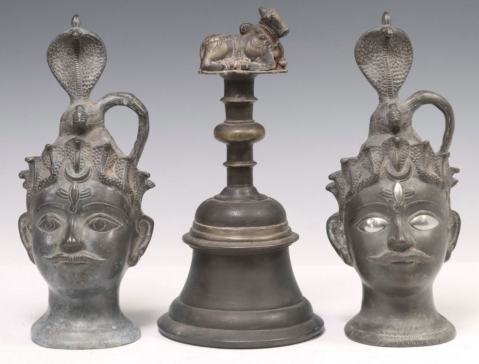 (3) PATINATED METAL SHIVA MUKHALINGAM & NANDIÂ TEMPLE BELL, INDIA (1 of 3)
