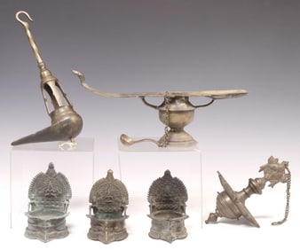 (6) PATINATED METAL OIL LAMPS, INDIA