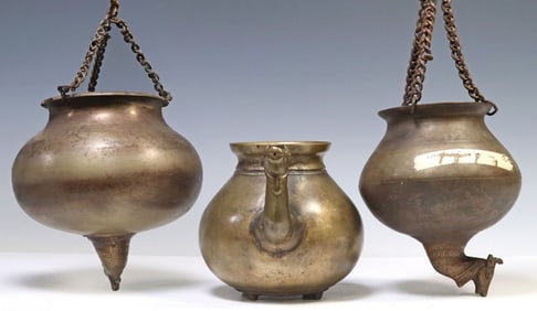 (3) PATINATED METAL COW'S HEAD OIL LAMPS, INDIA