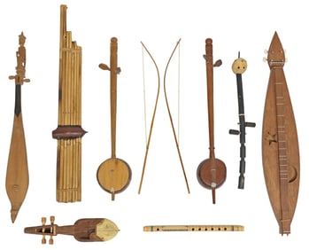 (8) COLLECTION OF FOLK ART CARVED WOOD STRING & WIND INSTRUMENTS
