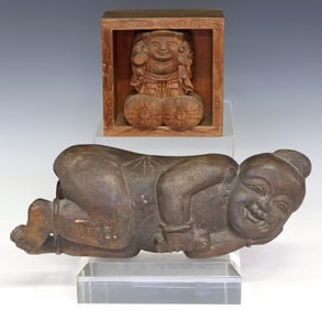 (2) ASIAN CARVED FIGURES, CHINESE BAMBOO ROOT NECK PILLOW & JAPANESE DAIKOKUTEN