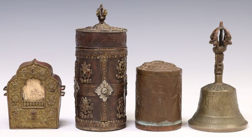 (3) ASIAN BRONZE & METAL BELL, GAU AMULET BOX & SCROLL HOLDER
