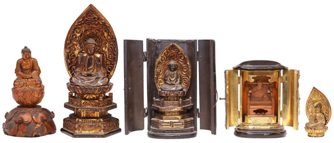 (5) ASIAN CARVED BUDDHA FIGURES & TRAVELING SHRINES