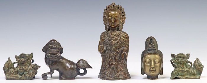 (5) CHINESE & ASIAN PATINATED BRONZE BUDDHIST FIGURES & FOO LIONS