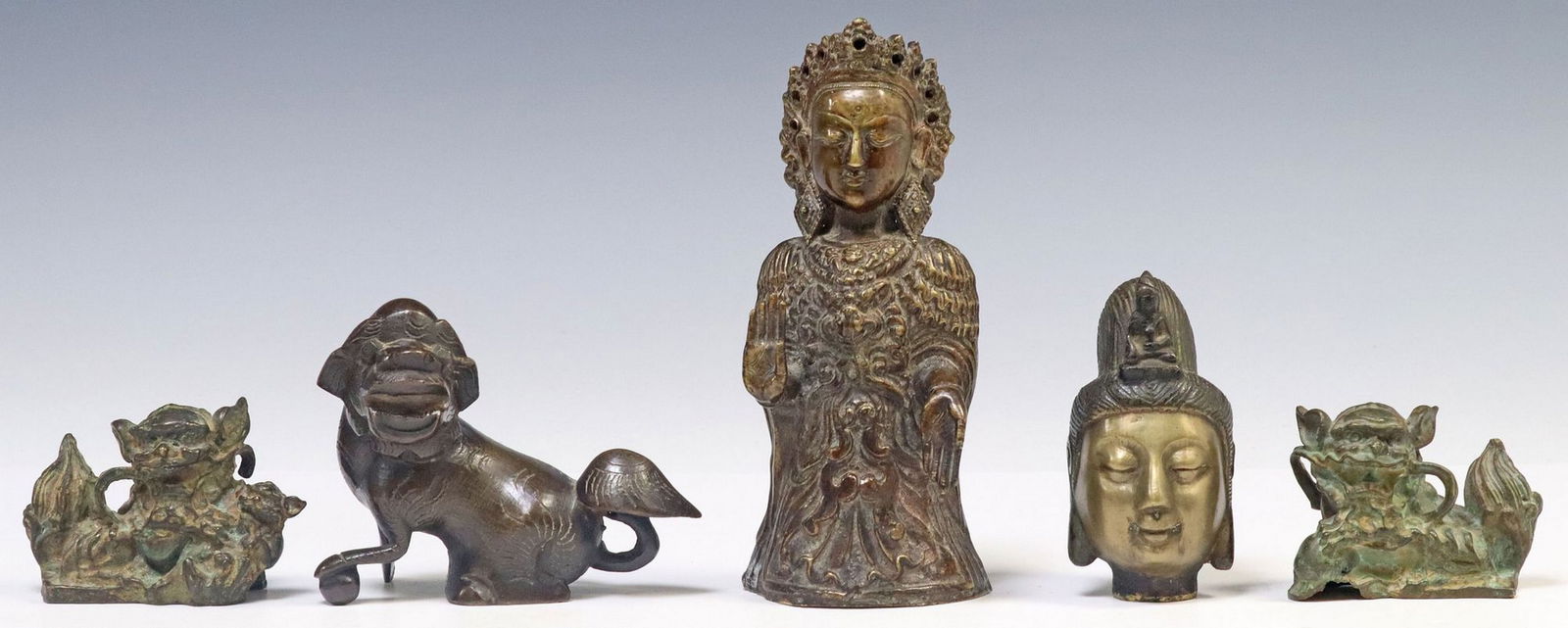 (5) CHINESE & ASIAN PATINATED BRONZE BUDDHIST FIGURES & FOO LIONS (1 of 3)