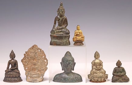 (7) ASIAN PATINATED BRONZE & METAL BUDDHA FIGURES IN VARIOUS MUDRAS