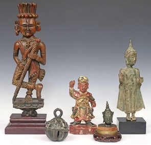 (5) ASIAN CARVED WOOD & METAL BUDDHAS & METAL BELL