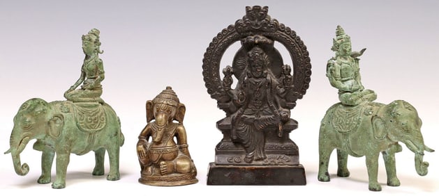 (4) ASIAN BRONZE & METAL RELIGIOUS SCULPTURES, BODHISATTVA & GANESH