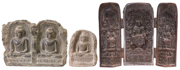 (3) BUDDHIST DEVOTIONAL ITEMS: ARCHITECTURAL FRAGMENTS & SHRINE
