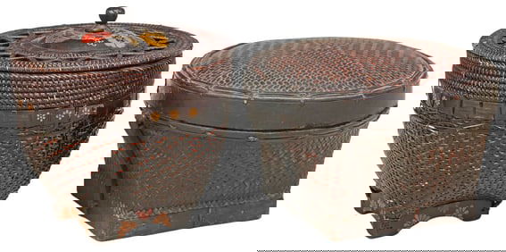 (2) LARGE ASIAN WOVEN RATTAN COVERED BASKETS