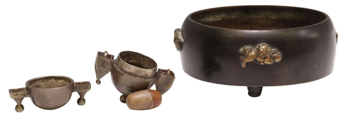 (3) HINDU SILVER-TONE SHIVA LINGAM STONE W/ CASKET BOX & ASIAN INCENSE BOWL