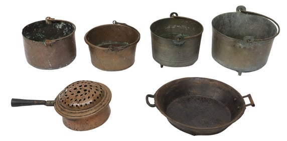 (6) RUSTIC 19TH C. COPPER & IRON KITCHENWARE, POTS & PANS