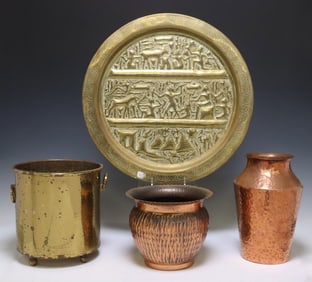 (4) COPPER TEXTURED VASES, BRASS POT & EGYPTIANESQUE REPOUSSE TRAY