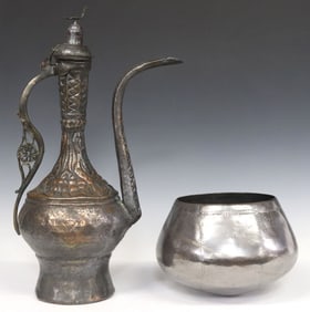 (2) PATINATED METAL REPOUSSE EWER & PATCHWORK CAULDRON