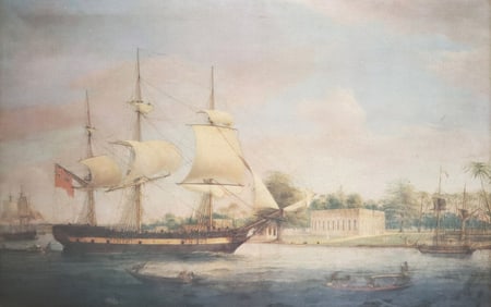FRAMED OLEOGRAPH AFTER THOMAS WHITCOMBE, NAVAL PORT