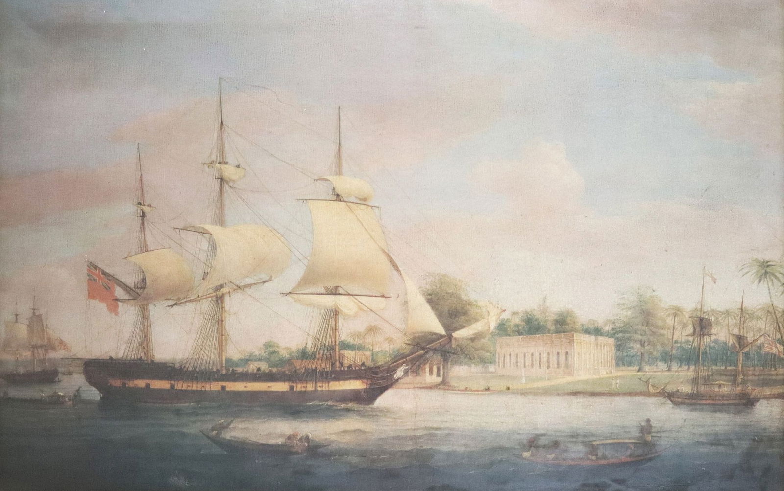 FRAMED OLEOGRAPH AFTER THOMAS WHITCOMBE, NAVAL PORT: Framed oleograph print on canvas, "A Country Ship on the Hoogly Near Calcutta," after Thomas Whitcombe (British, 1763-1824), sight: approx 17.5"h, 23 5/8"w, overall: appr