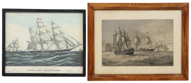(2) FRAMED NAVAL BATTLE PRINTS: ETCHING & OFFSET LITHOGRAPH