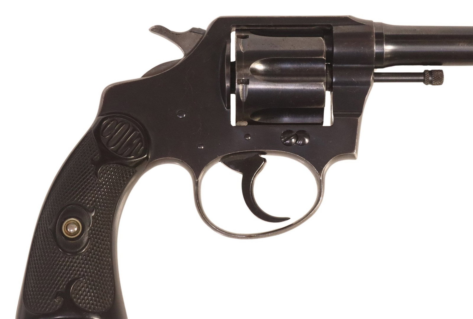 COLT POLICE POSITIVE .38 REVOLVER, MFG. 1922: Colt Police Positive Revolver, mfg. 1922, double action, .38 caliber, 4" barrel, swingout six round cylinder, Rampant Colt at left frame, Colt black checkered logo grips, metal with light scratch