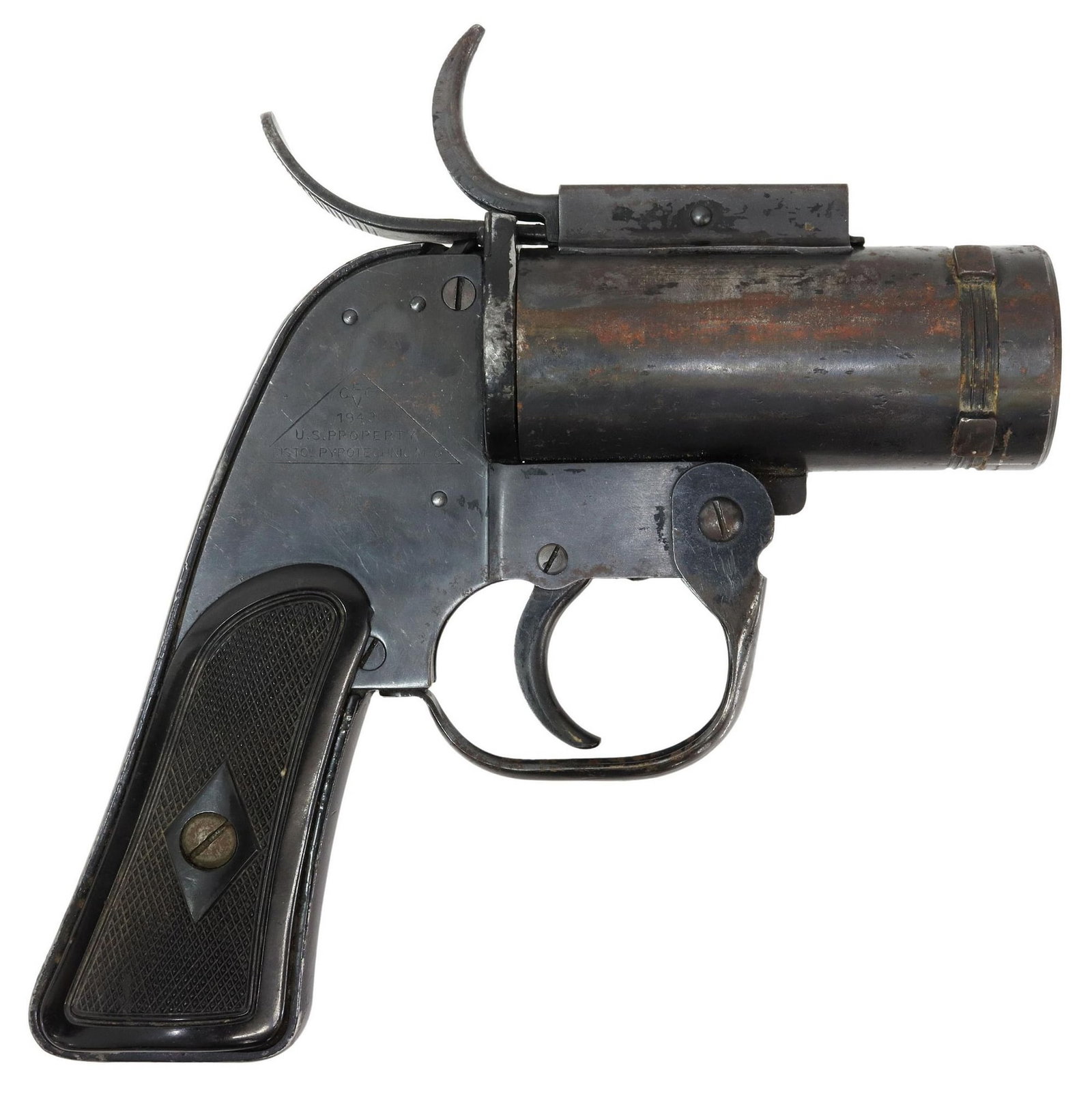 WWII US PYROTECHNICS M-8 FLARE GUN: U.S. WWII-era Model 8 double action flare gun, dated 1943, action operates properly, light surface rust right barrel side, black plastic grips, approx 8"l, 2lbs