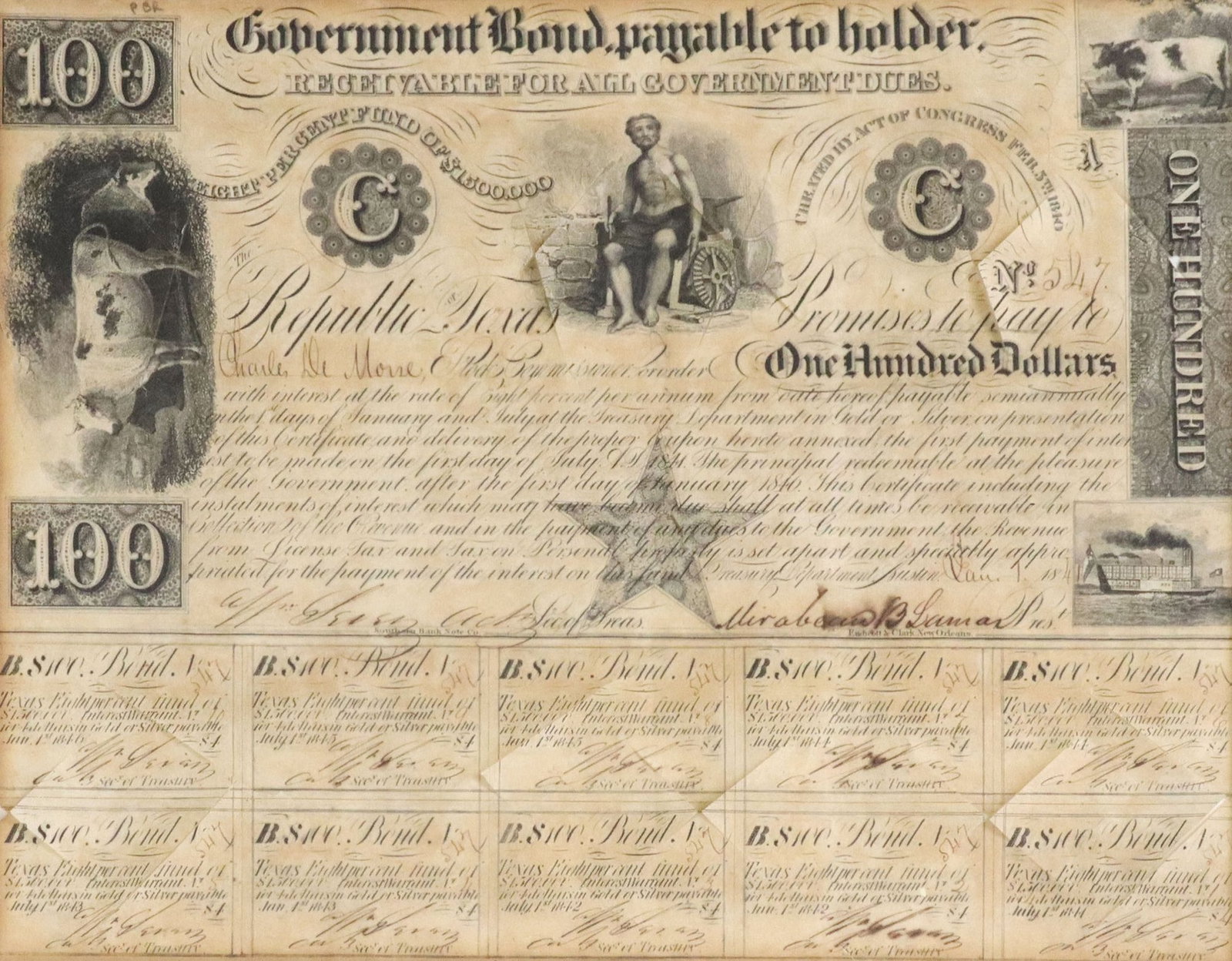 REPUBLIC OF TEXAS 1841 $100 BOND: Republic of Texas $100 Bond number 547 retaining ten coupons and payable to Charles Demorse (Charles D. Morse, Massachusetts,1816-1887, Col, 29th Texas Cavalry, State stock commissioner, newspaper pub