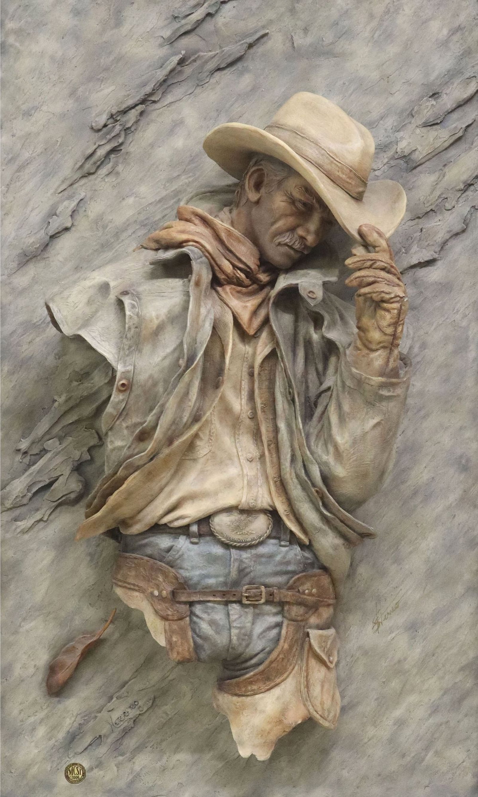 STEPHEN HERRERO (B.1952) COWBOY LTD ED RELIEF WALL SCULPTURE: Framed cast resin relief plaque/ wall sculpture, "Against the Wind," signed in the cast lower left and hand signed lower right S. Herrero (Stephen Herrero, Texas, b.1952), numbered 278/