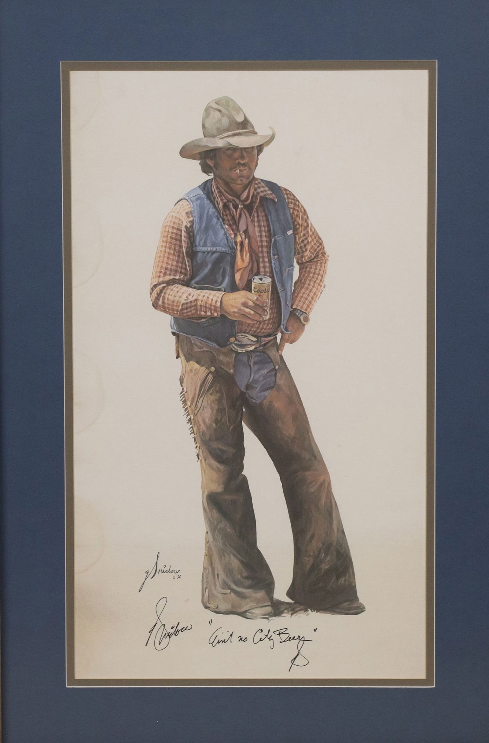 GORDON SNIDOW "AIN'T NO CITY BEER", UNIQUE HAND TITLED & SIGNED PRINT: Framed print on paper, "Ain't No City Beer", artist hand signed and signed in the print, the title hand written by the artist, G. Snidow (Gordon E. Snidow, b. 1938, New Mexico, Miss
