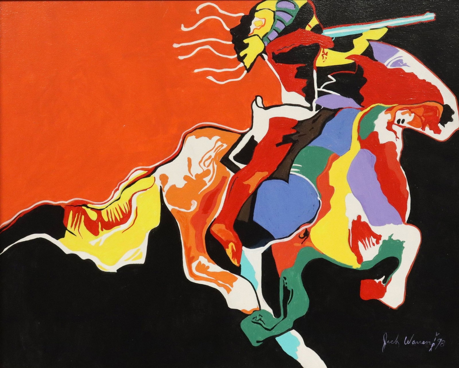 JACK WARREN (20TH C.) ACRYLIC PAINTING NATIVE AMERICAN ON HORSEBACK: Framed acrylic on canvas painting, Cheyenne Rider, after Malcolm Furlow (American, 1946-2023), signed lower right Jack Warren (20th c.), dated [19]98, sight: approx 15.5"h, 19.5"w, overall: approx 21.