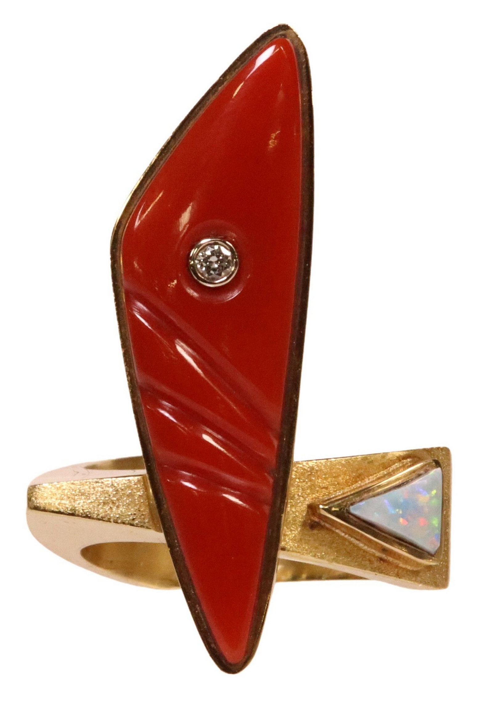 DON SUPPLEE (B.1965) HOPI 18KT YELLOW GOLD RED CORAL & DIAMOND RING: Native American 18kt yellow gold ring, Don Supplee (Hopi, Arizona, b.1965), red coral inlaid with a small bezel-set diamond, flanked by a triangular segment of opal, textured shank, hallmarked 18K, ap