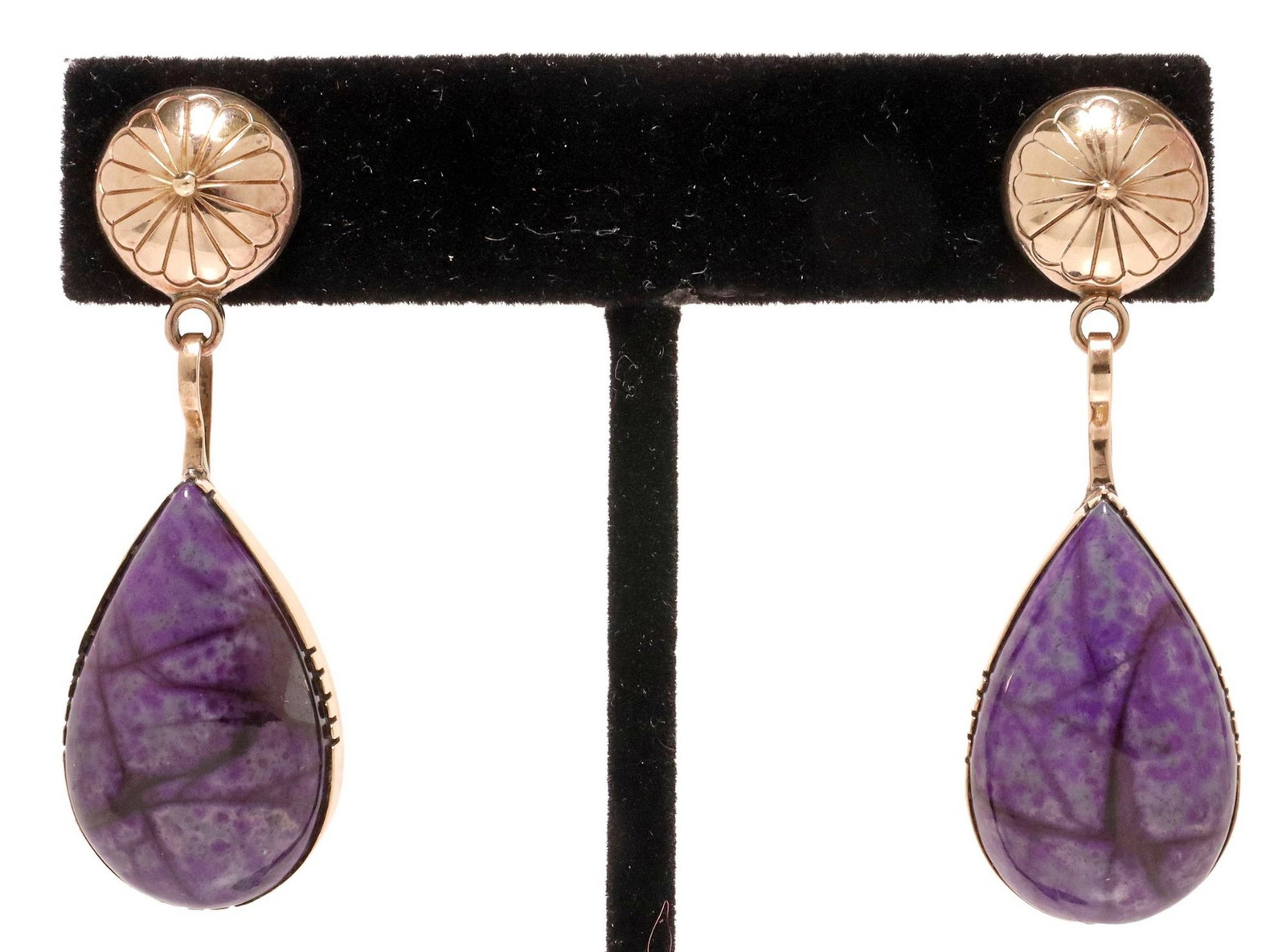 LEO YAZZIE NAVAJO SILVER-GILT & PURPLE STONE DROP EARRINGS: (pair) Native American silver (content unknown) with 14kt yellow gold overlay earrings, signed LY (Leo Lando Yazzie, Navajo/ Dine, Arizona, 20th c.), hollow concho stud, pear-shaped drop set with a mo