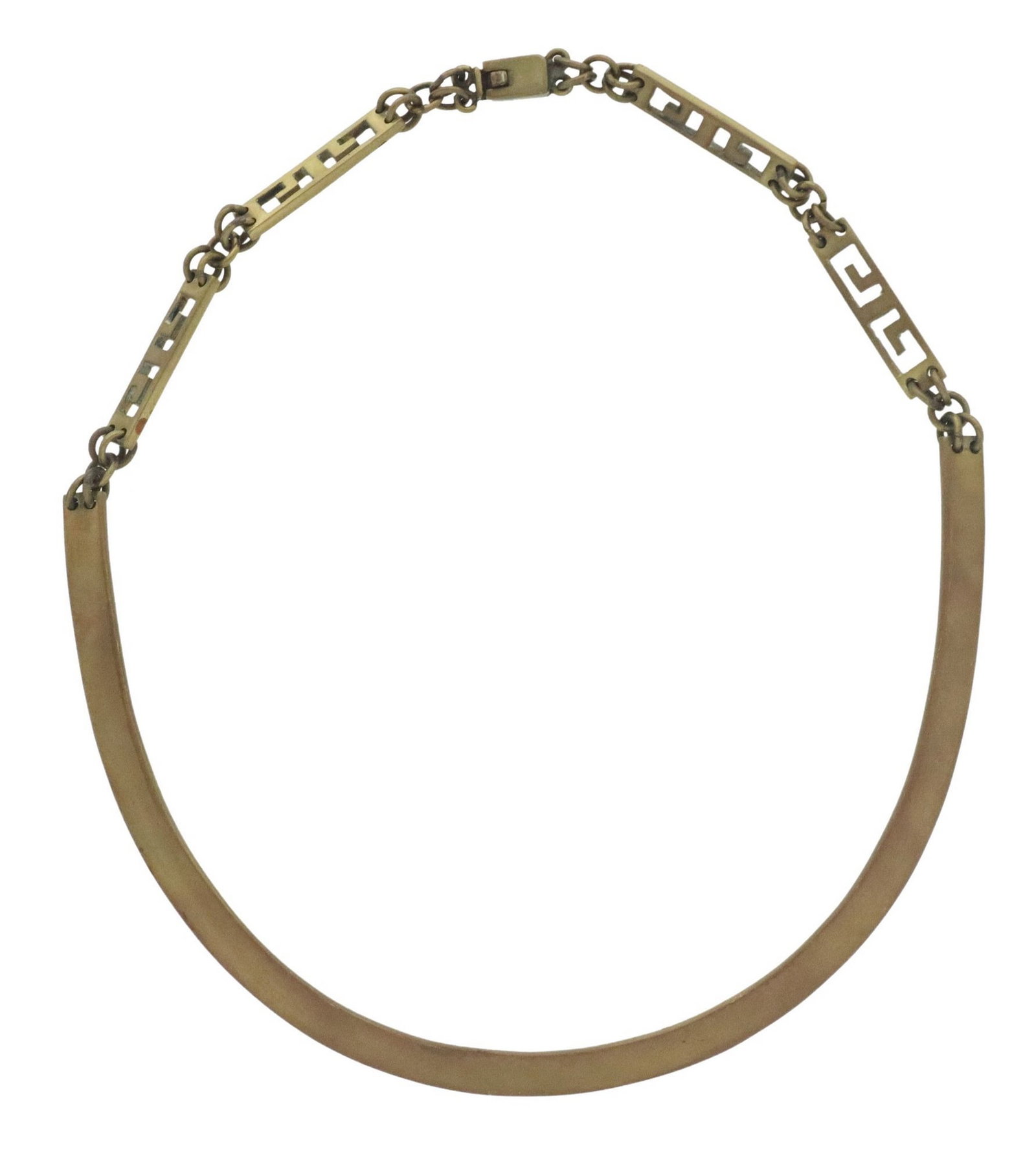 ERIKA HULT DE CORRAL TAXCO MEXICO BRASS CHOKER NECKLACE: Semicircular brass choker necklace, Erika Hult de Corral, Taxco, Mexico, having rounded band, on pierced meander motif chain, box clasp, maker's mark to interior band, approx 13"l, 38.3grams&