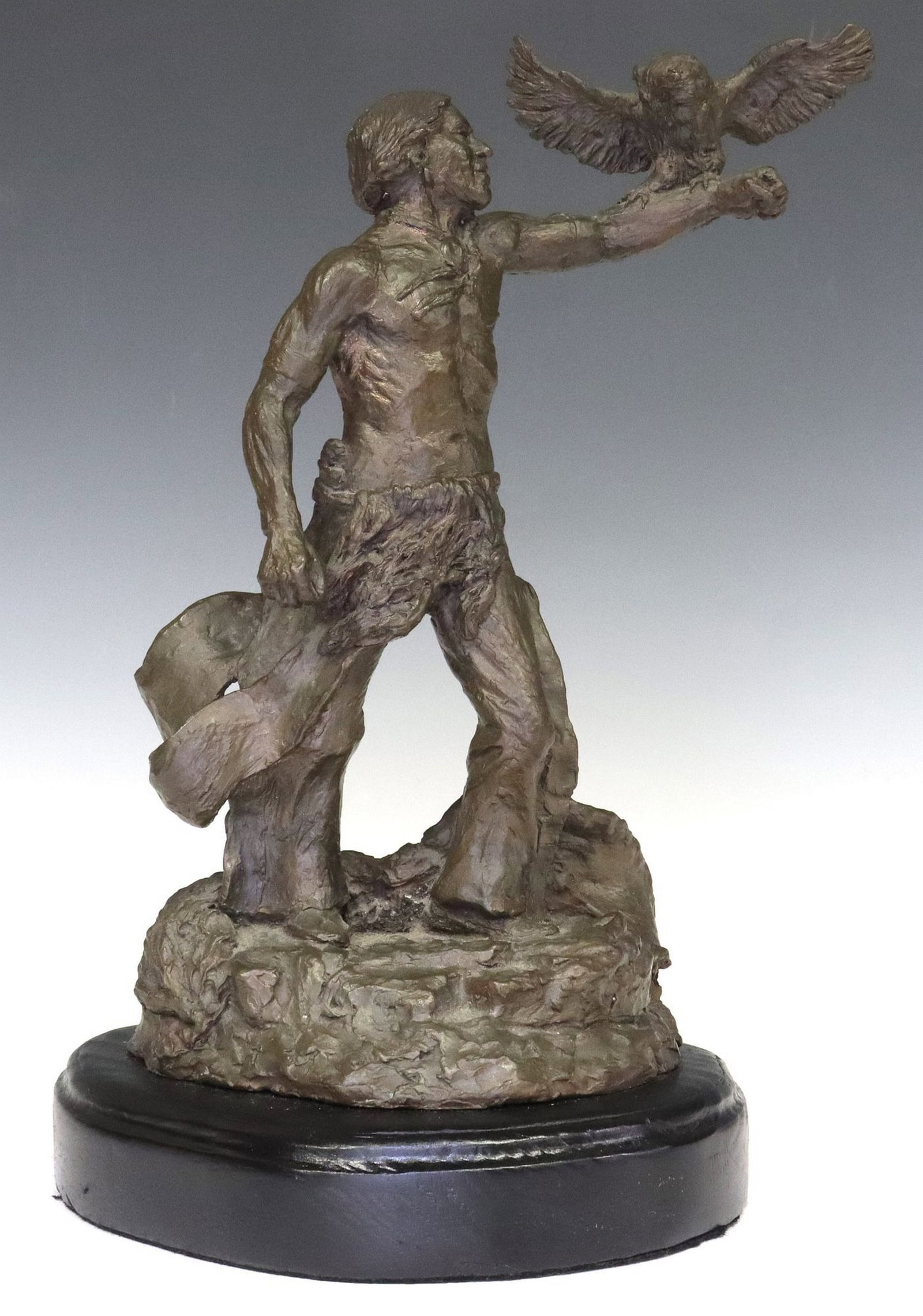 JACK STEVENS (B.1943) WESTERN BRONZE 'MAMAN-TI (OWL PROPHET), 5/25: Patinated bronze sculpture, "Maman-ti (Owl Prophet)," signed in cast Jack Stevens (Texas, b.1943), dated [19]85, numbered 5/ 25, rising on wood platform base, overall: approx 13.25"h, 1