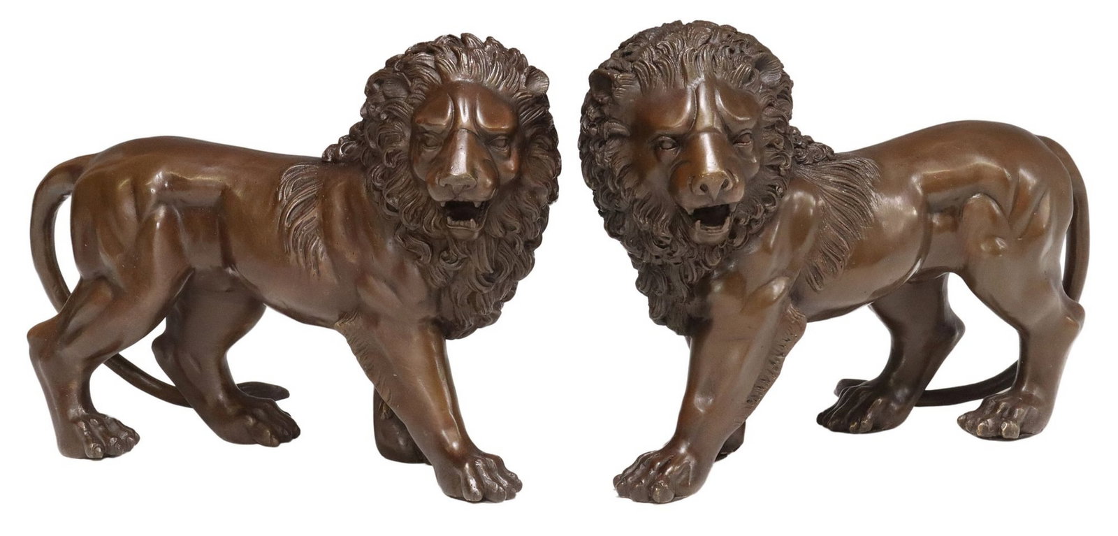 (2) PATINATED BRONZE SCULPTURES, WALKING LIONS: (pair) Patinated bronze sculptures, Walking Lions, each with mane and mouth agape, approx 9.25"h, 12.5"w, 4"d, 15.25lbs total