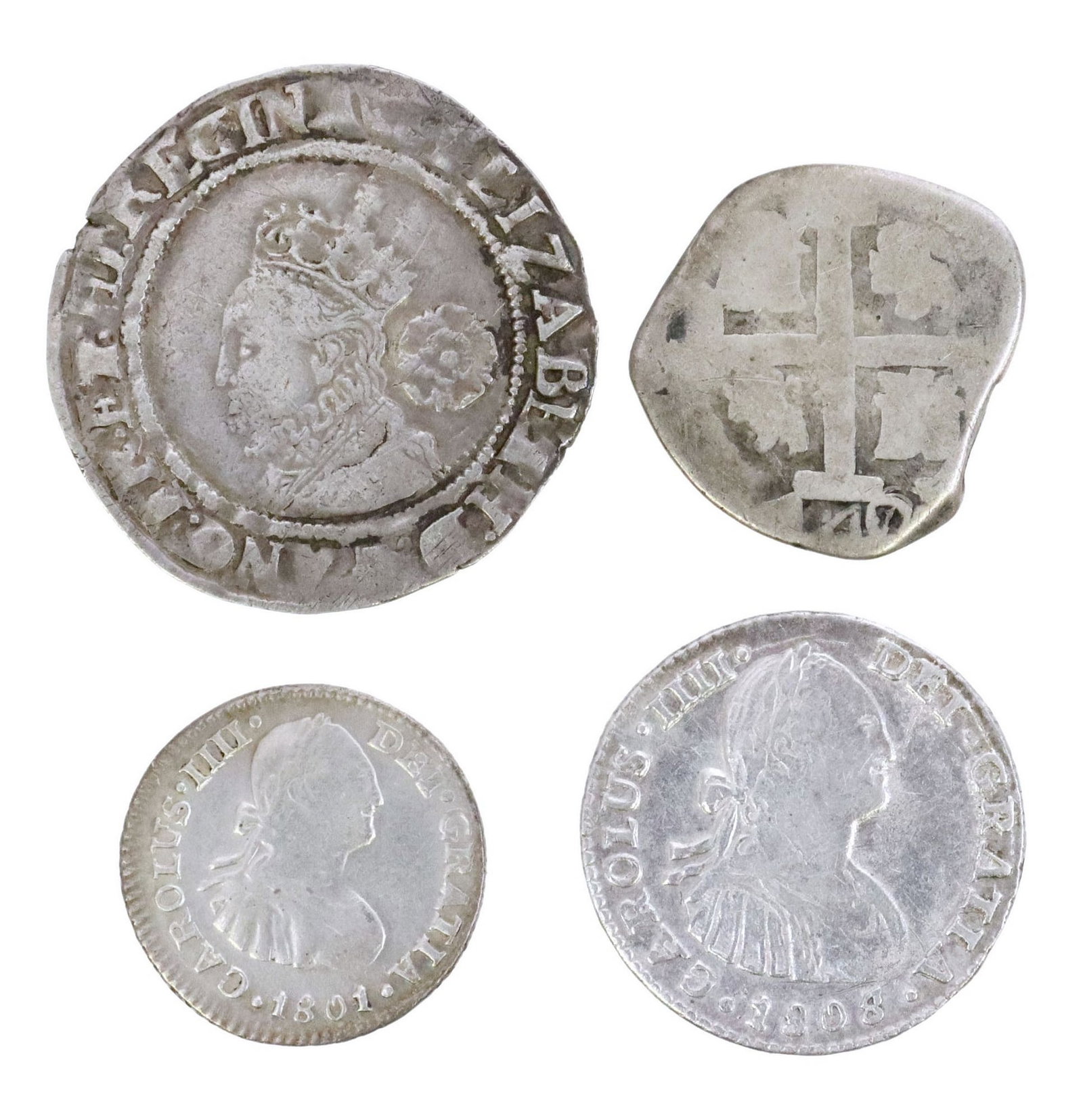 (4) SPANISH COLONIAL SILVER COINS, COB: (lot of 4) Carolus coins: (1) Elizabeth I three pence dated 1569, obverse with rose flower behind Queen's head, Tower Mint, .925 silver; (1) Carolus IIII, 1 reale, 1806, T H, Colonial M