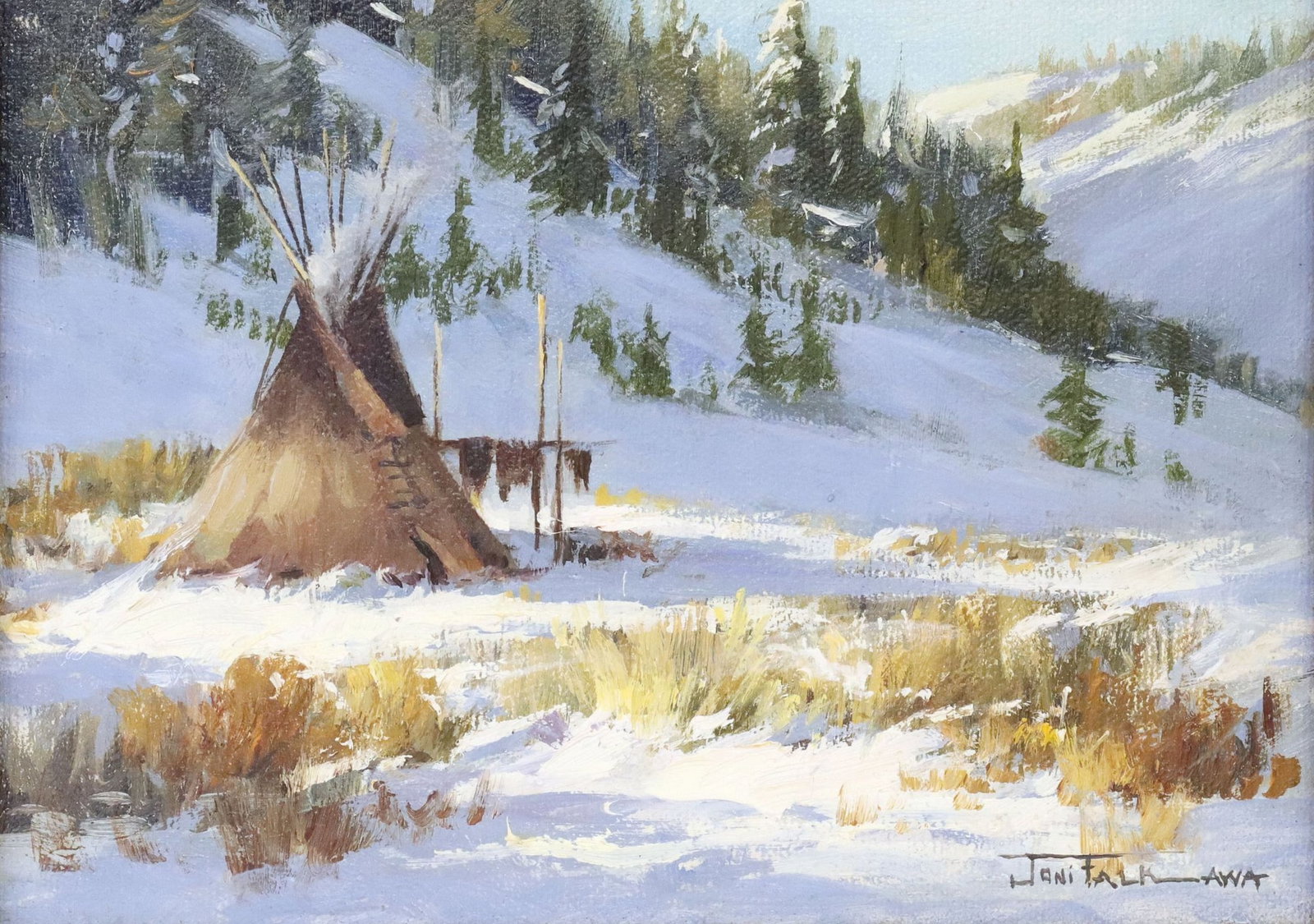 JONI FALK (B.1933) TEEPEE LANDSCAPE 'DECEMBER SUNRISE': Framed oil on canvas painting, "December Sunrise," signed lower left Joni Falk (Arizona, Illinois, b.1933), the verso with the artist's name on a card from the El Presidio Gallery, 