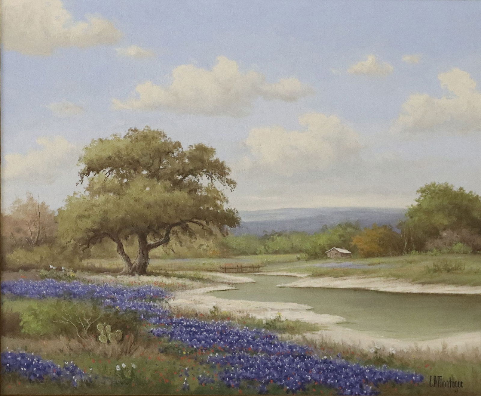 C.P. MONTAGUE (TX, 1927-2010) BLUEBONNETS LANDSCAPE PAINTING, 20" X 24": Framed oil on canvas painting, Texas Bluebonnets Landscape, signed lower right C.P. Montague (Pauline Thweatt, Texas, 1927-2010), retaining Country Store Gallery, Austin, Texas label verso, sight