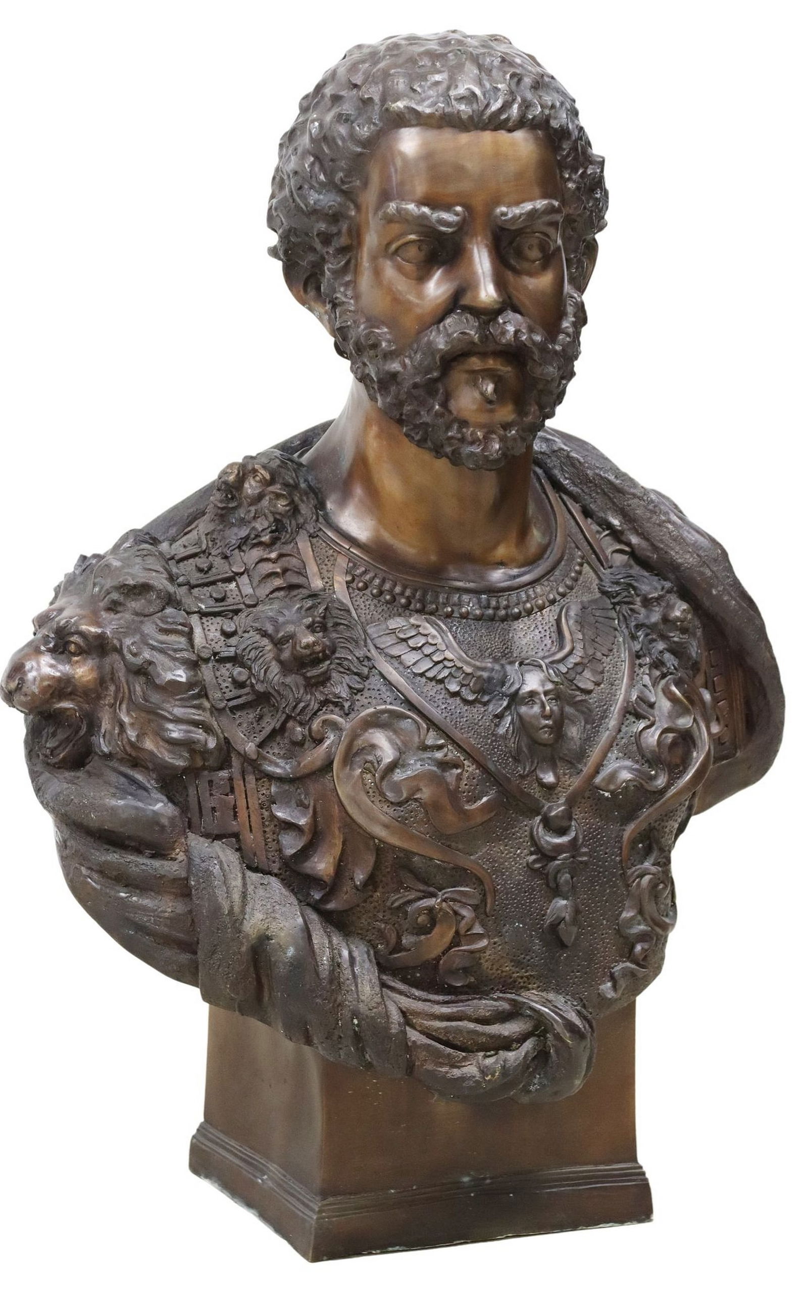 LARGE AFTER BENEVENUTO CELLINI BRONZE BUST, COSIMO DE MEDICI, 36.25" X 25.25" X 15: Large bronze male bust, Cosimo de Medici, after Benvenuto Cellini (Italian, 1500-1571), signed illegibly in cast, further marked copy, approx 36.25"h, 25.5"w, 15"d