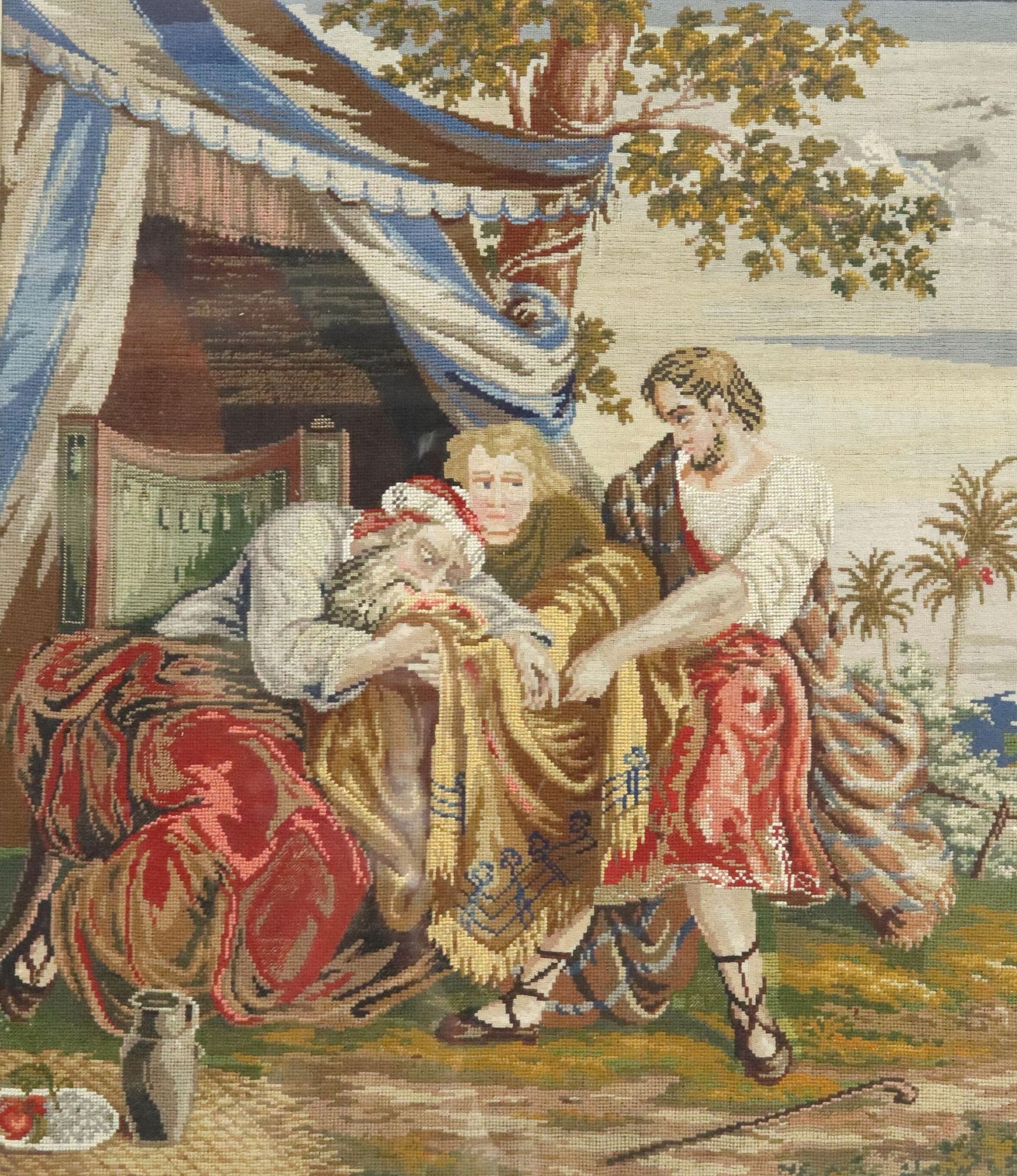 FRAMED VICTORIAN NEEDLEWORK TAPESTRY BIBLICAL SCENE: Framed Victorian needlepoint tapestry, late 19th c., depicting Jacob recognizing the robe of his son Joseph, sight: approx 34"h, 29.5"w, overall: approx 41"h, 36.25"w, 22lbs 