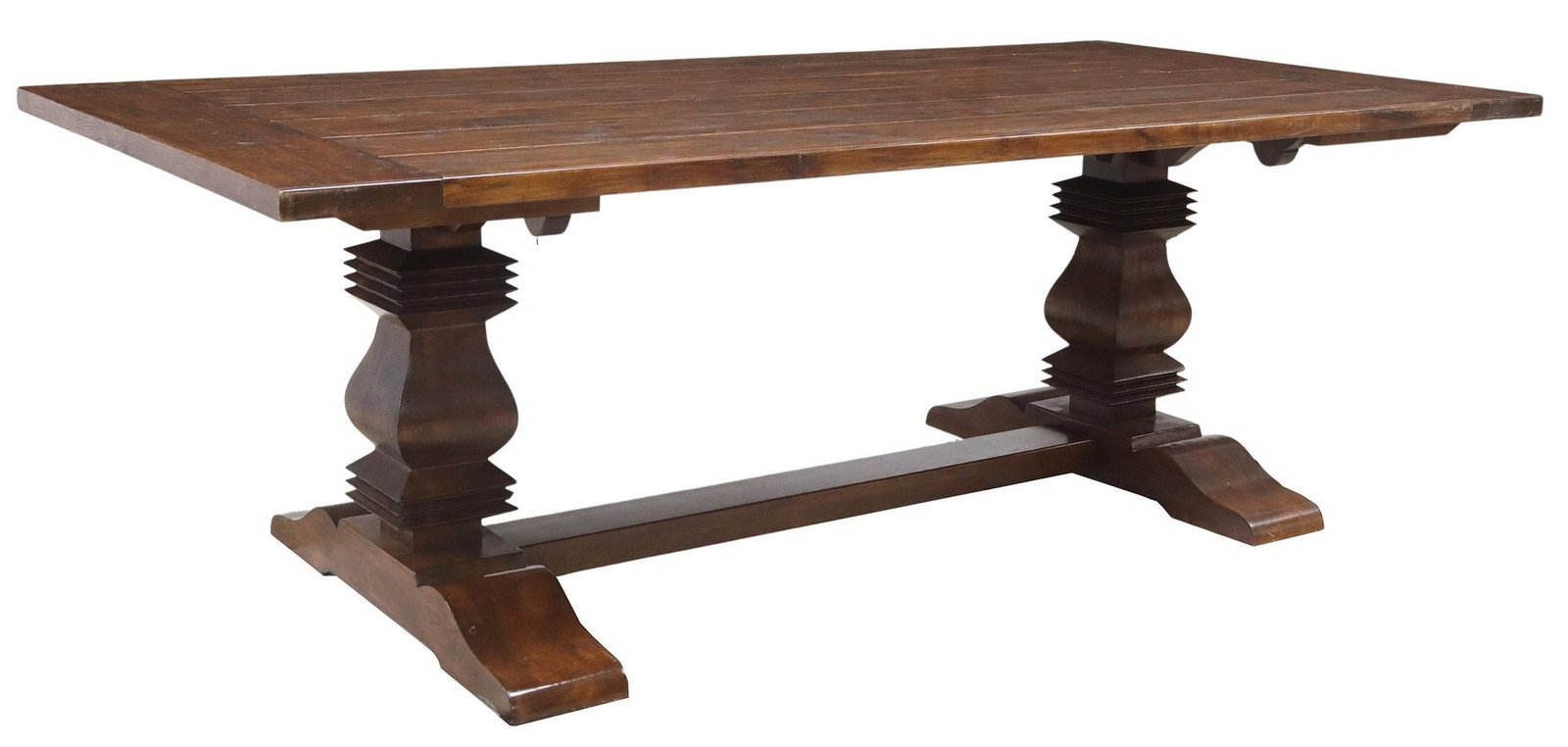 LARGE OAK MONASTERY OR REFECTORY TABLE, 90"L: Large refectory table, 20th c., top comprised of six panels, rising on accordioned baluster supports, cross stretcher with wedged mortise and tenon joinery, rising on a molded shoe base, approx 3