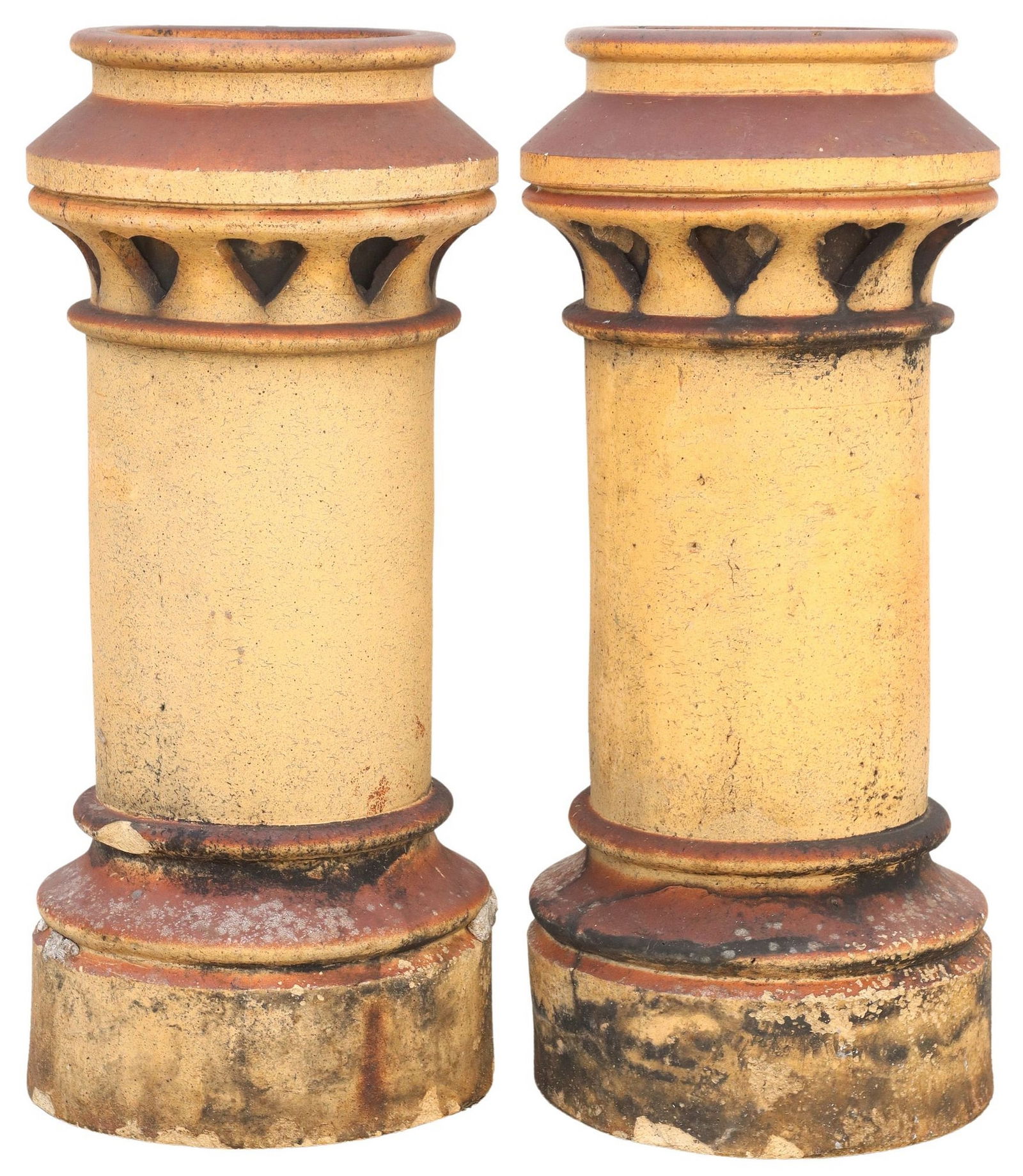 (2) ARCHITECTURAL ENGLISH STONEWARE CHIMNEY POTS: (pair) Architectural English stoneware chimney pots, each having turned-form top with pierced border, over cylindrical body and stepped base, approx 34"h, 14"diam **PLEASE NOTE: All of