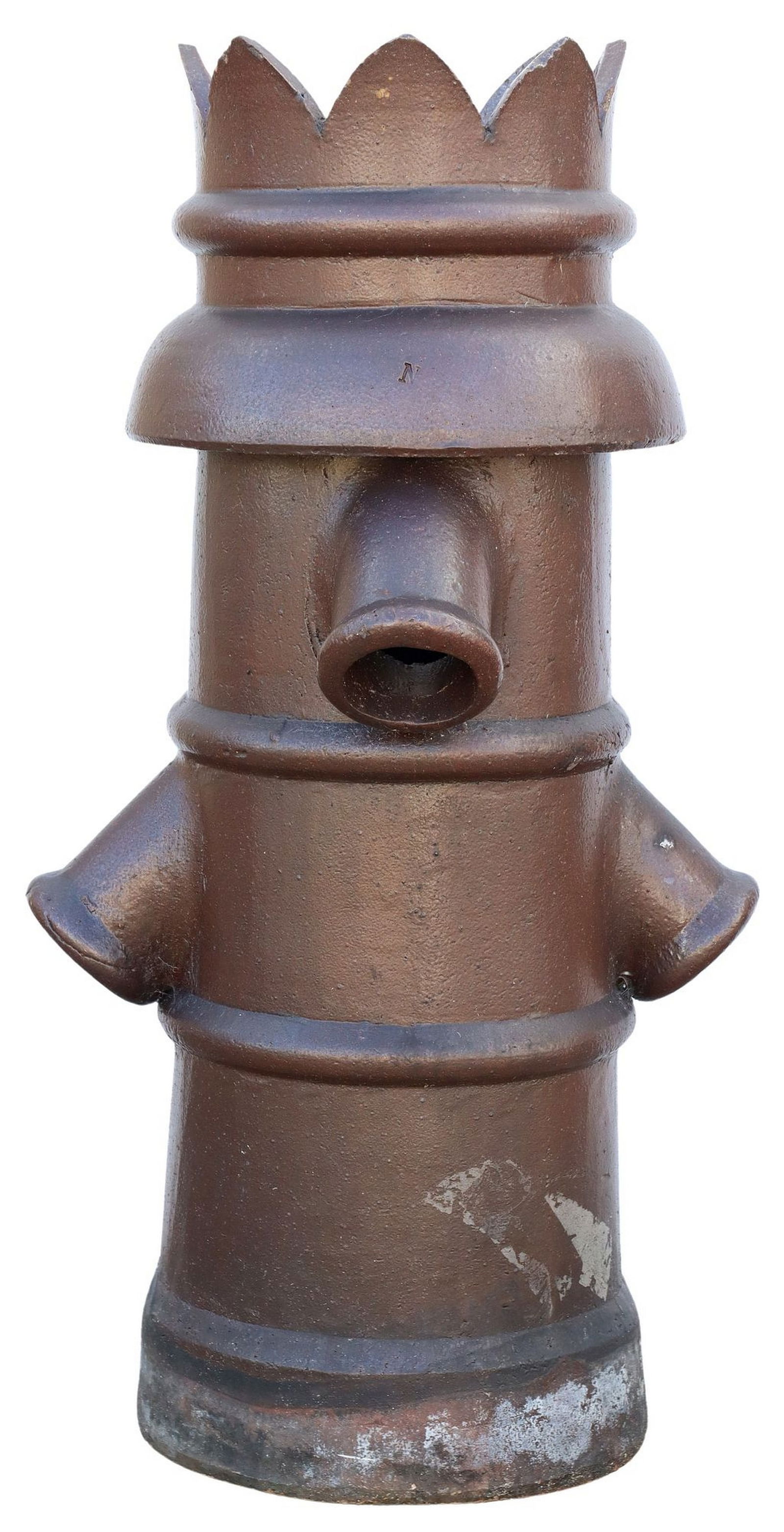 ARCHITECTURAL ENGLISH EARTHENWARE CHIMNEY POT: Architectural English earthenware chimney pot, having scalloped top, over cylindrical body with stacked smoke vents, approx 38"h, 17"diam **PLEASE NOTE: All of the cast stone and g